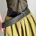 Western style wide black leather belt with rivets and decorative metal studs for women - Rhombus Patch Heavy Style (HN10246)