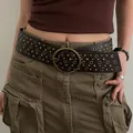 Wide vintage brown western belt featuring heavy gold stud details and large round buckle - Bronze Ring Heavy Style (HN10247)