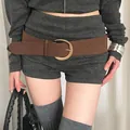 Vintage American Western style wide brown leather waist seal with a gold round buckle - Large Gold Round Buckle Style (HN10248)
