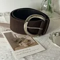 Western style wide brown suede belt with large silver circular buckle - Large Silver Round Buckle Style (HN10249)