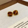 Close-up of vintage brown resin stud earrings with golden square frames in Maillard style. - Square Style (HE29084) / Gold/Coffee