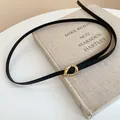 Minimalist thin black leather belt featuring an irregular gold-toned metal buckle - Irregular Gold Buckle Thin Style (HN10258)