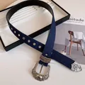 Western style blue denim belt featuring vintage ornate silver buckle and metal rivets - Denim Blue Eyelet Rivet (HN10262)