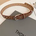 Western style brown leather belt with silver rivets and sparkling rhinestones for women - Light Coffee Rivet Rhinestone (HN10264)