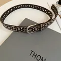 Western style dark brown leather belt with silver studs and eyelets for women, high quality - Dark Coffee Rivet Rhinestone (HN10265)