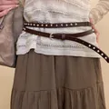 American western style dark brown waist belt with silver rivet studs for women dress styling - Coffee Double-row Rivet Style (HN10268)
