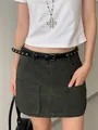 Western style black thin leather belt with silver rivets for women's skirts and jeans - Square Pin Buckle Rivet Style (HN10269)