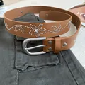 Western style brown leather belt with silver rivet floral pattern for women - Rivet Floral Rhinestone Style (HN10271)