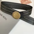 Western style wide black leather belt with metal eyelets and embossed vintage buckle - Sunflower Relief Rivet Style (HN10278)
