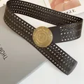 Vintage Western-style wide leather belt with eyelet rivets and ornate brass buckle - Floral Relief with Rivet Style (HN10279)