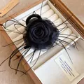 Elegant black satin rose flower hair claw clip with delicate feather accents - Feather Decor Black - Claw Clip