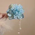 Exquisite blue fabric flower hair clip with an elegant hanging pearl tassel accessory - Blue Tassel - Claw Clip