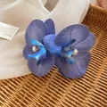 Exquisite blue satin orchid flower hair clip with pearl center, elegant niche design hair accessory - Blue Orchid - Duckbill Clip