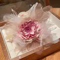 Pink satin flower hair claw clip with delicate feather accents in a wooden gift box - Feather Decor Pink - Claw Clip