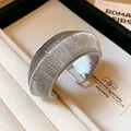 Minimalist silver wide cuff bracelet with a unique fine vertical striped texture for women - Wide Open Style / Silver Color (18#)