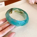 Elegant faceted teal marbled resin bangle with artistic tortoiseshell texture for women - Wide Geometric Faceted Style / Blue (8#)