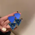 Elegant blue geometric rhinestone triangle earrings with matte finish and silver needle - Geometric Triangle (10)
