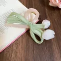 Elegant small pink hair claw clip with light green satin bow and white tulip flowers - Pink Green White - Claw Clip