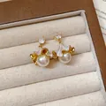 Elegant vintage gold-plated pearl drop earrings with white flower enamel and crystal studs - Silver Pin-Gold-White