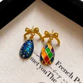 Vintage court style gold bow stud earrings with colorful enamel teardrop pendants for women - 8# Silver Earring Post Earrings