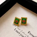 Vintage palace style rectangle earrings with green enamel and red crystal flower - 11# Silver Earring Post Earrings