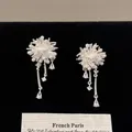 Gros plan détaillé de boucles d'oreilles style feu d'artifice avec zircone et perles élégantes - Style de Gland de Feu d'Artifice / Argent