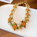 Vintage court style necklace with colorful rhinestones, pearls and orange beads for women - Necklace Style 30