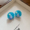 Blaue perlenbesetzte C-Form Ohrringe mit mattierter Perle und Blumenakzent Damen - 16# Beaded Flower Moon Style / Blau