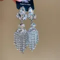 Sparkling silver-tone rhinestone tassel earrings with teardrop and oval stone details - 19# Silver Post Rhinestone Long Tassel