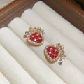 Eleganti orecchini a lobo in smalto rosso a forma di cuore con perle e cristalli - 43# Stile Sacchetto di Soldi Diamante Perla (Oro Rosso)