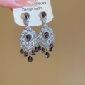 Elegant silver drop earrings with purple crystals and sparkling diamond tassels - 2# Silver Post Hollow Floral