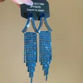 Elegant long blue rhinestone fringe tassel earrings with silver needle finish for women - 13# Silver Post Triangle Chain Tassel (925/1000)