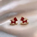 Elegant red enamel rocking horse stud earrings with sparkling zircon crystals for women - Red Pony Rocking Horse Style (15#)