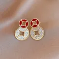 Orecchini a cerchio stile cinese con smalto rosso e cristalli a forma di moneta - 41# Stile Diamante Moneta di Rame (Oro Rosso)