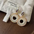 Bohemian brown enamel and woven thread round drop earrings for women. - 925 Sterling Silver Post (HE2526) / Brown