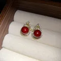 Eleganti orecchini a perno con perla rossa e una cornice dorata tempestata di diamanti - 44# Stile Zucca Pave Diamante (Oro Rosso)