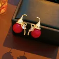 Elegant red and gold New Chinese style gourd-shaped earrings with a heart zircon stone - New Chinese Bell Style (48#)