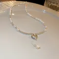 Elegant French style heart pendant necklace with silver beads and natural pearls for women - Heart Crushed Silver Pearl Necklace (36#)