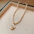 Elegant French style pearl necklace with white enamel camellia pendant for women - Camellia Pearl Necklace (27#)