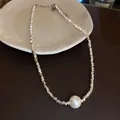 Elegant French style crushed silver bead necklace with a centerpiece white pearl - Silver Round Bead Crushed Silver Necklace (35#)