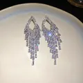 Detail shot of elegant clear zircon tassel earrings with sparkling diamond fringes - Silver & White (Silver Earring Post)