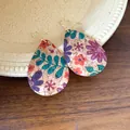 Waterdrop-shaped cork earrings with colorful floral and leaf patterns and gold hooks - Multicolor Flower Style / Coffee