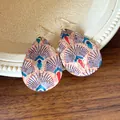 Elegant bohemian waterdrop dangle earrings with Art Deco fan print on cork texture - Blue Fan-Shaped Style / Coffee
