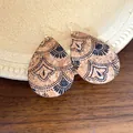 Teardrop cork earrings with black printed ethnic patterns and gold hooks in a boho style. - Black Fan Style / Coffee