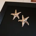 Macro detail of silver starfish earrings with textured surface on black background - Silver