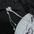 Elegant silver-toned Chinese hair stick with flower tassel and green jade-like drops - Silver Pleated Geometric Jade Tassel