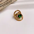 Adjustable stainless steel ring with elegant gold finish and green oval zircon - 21# Ring - Gold - Green