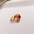 Elegant gold-tone stainless steel open ring with wavy band and red zircon stone - 35# Ring - Gold - Red