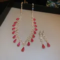 Elegant luxury teardrop magenta crystal necklace and earrings set with gold finish - 81# Necklace-Gold-Rose Red-Waterdrop