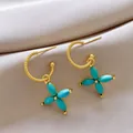Vintage gold hoop earrings with twisted chain and turquoise resin star pendant - 9# Real Gold-Plated Silver Needle Earrings - Gold & Blue